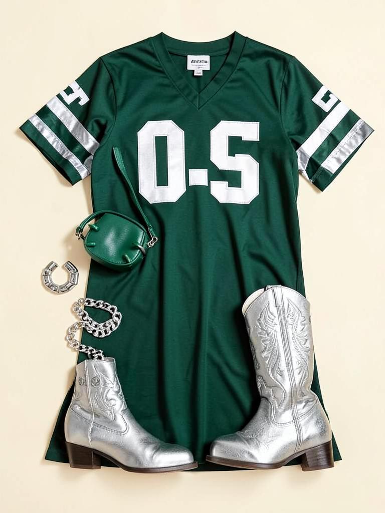 Oversized jersey as a dress with metallic boots. Instant main character.