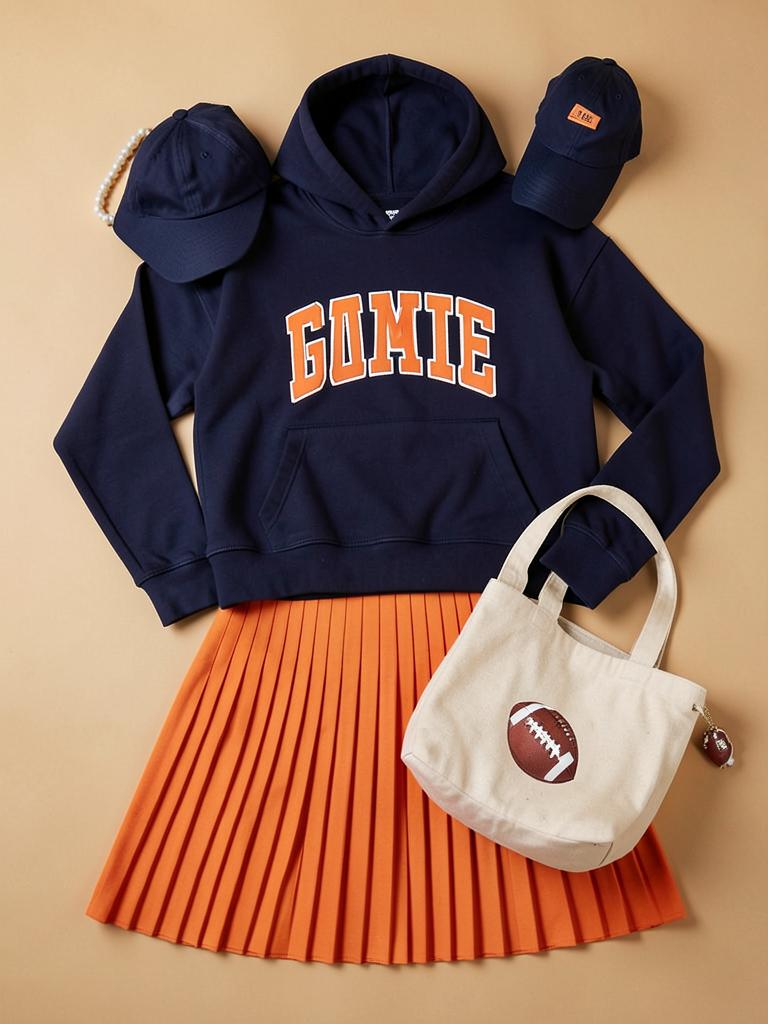 Hoodie, pleated skirt and a cute tote — cold-weather games, handled.