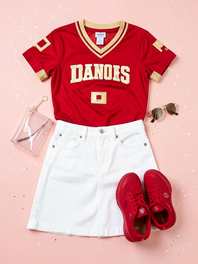 Jersey top, white denim, red sneakers — works for any red-and-gold team.