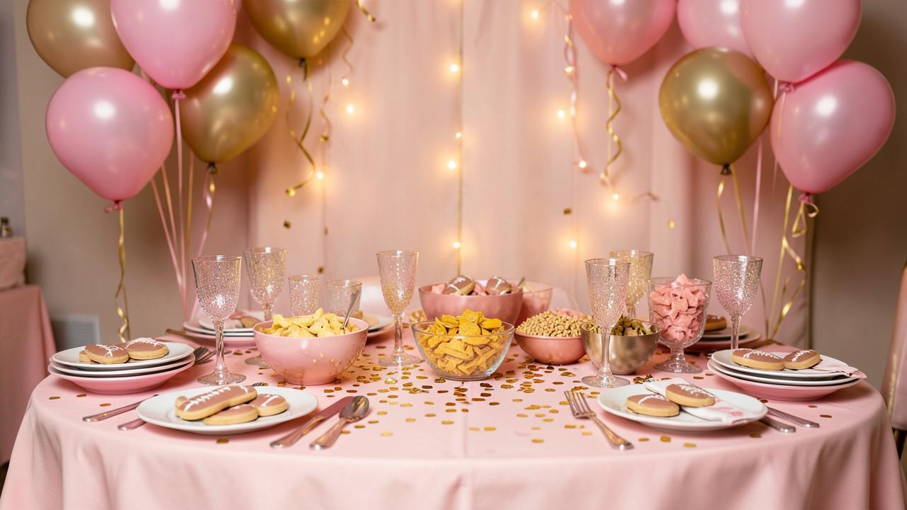 A pink and gold game day party table with snacks and balloons
